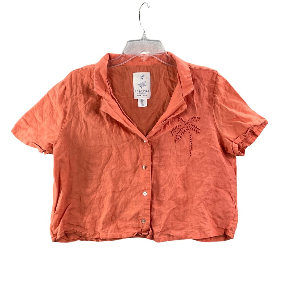 Calypso St. Barth Button Down Women L Orange Linen Palm Tree Eyelet Crop Top